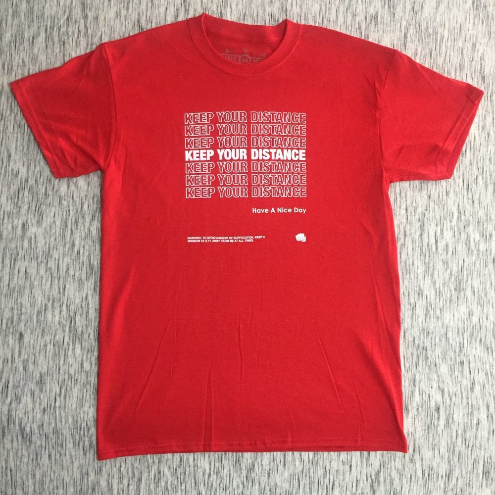 Red (w) Hand Printed "KEEP YOUR DISTANCE" Tshirt - Picture 2 of 5